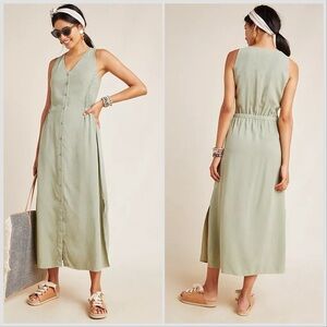 Cloth & Stone Sage Sleeveless V-Neck Button-Front “Matcha” Midi Dress